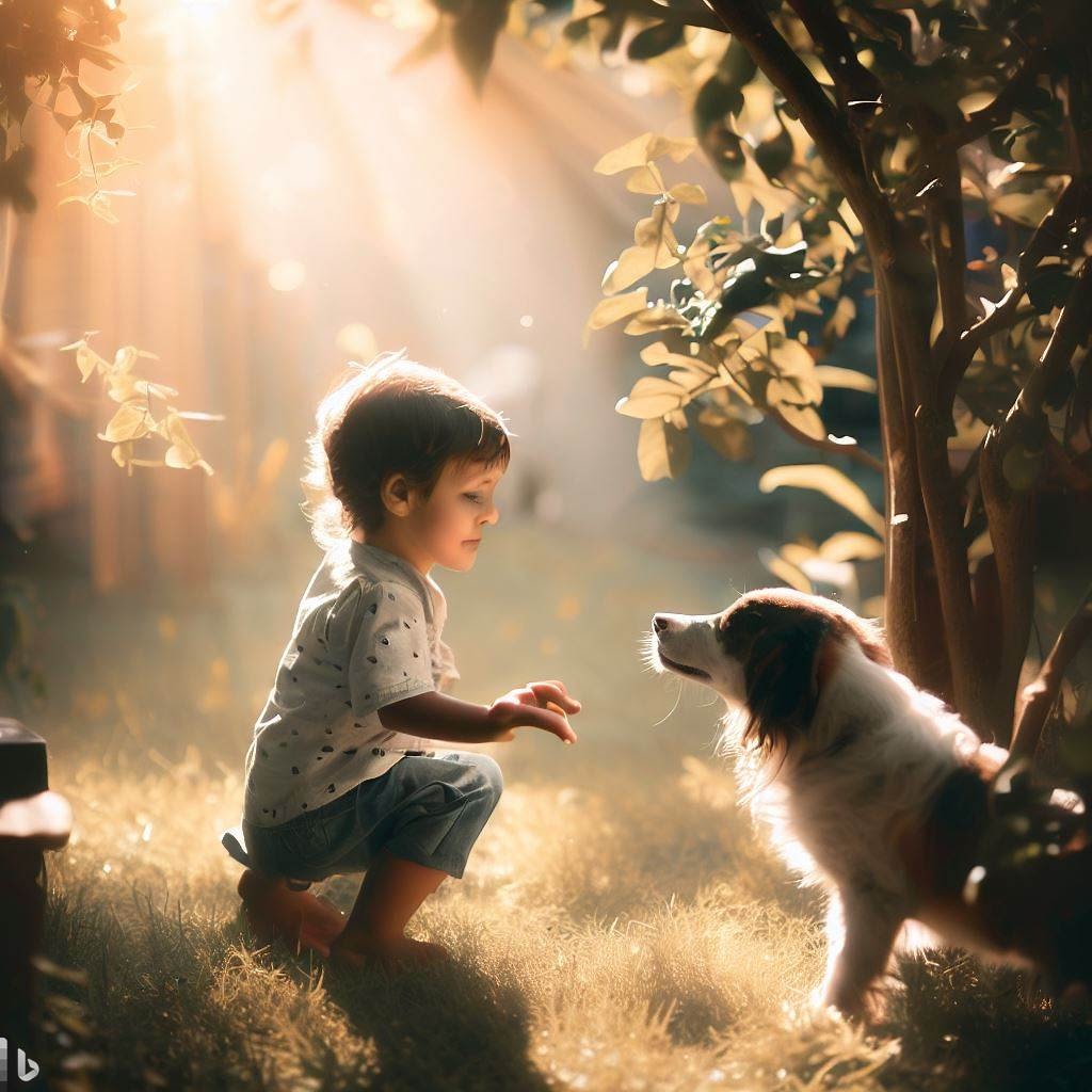 Imagen generada por Bing: "Una foto de un niño que juega con su perro en el jardín, mientras la luz del sol se filtra entre las hojas de los árboles. La foto muestra la alegría y la curiosidad del niño por descubrir el mundo que le rodea."