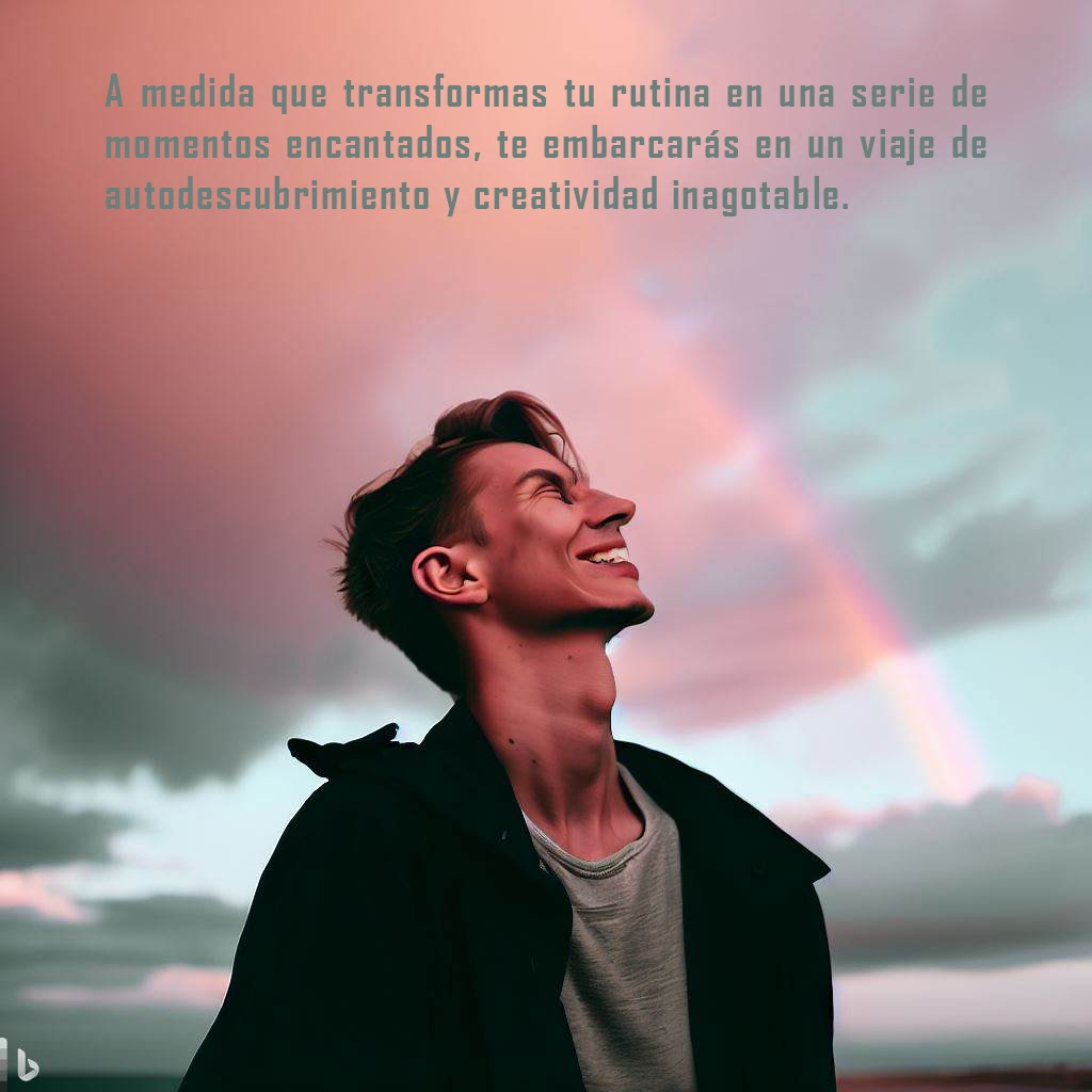 Imagen generada por Bing: "Una foto de una persona que sonríe al ver un arcoíris en el cielo, con la leyenda “A medida que transformas tu rutina en una serie de momentos encantados, te embarcarás en un viaje de autodescubrimiento y creatividad inagotable”."
