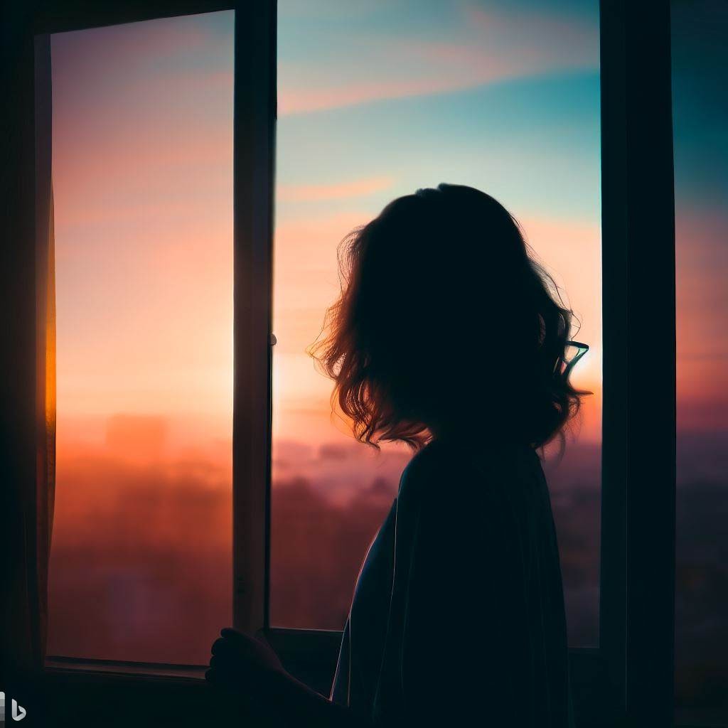 Imagen generada por Bing: "Una foto de una persona que se levanta temprano y observa el amanecer desde su ventana, capturando los colores y las sombras que crea la luz suave de la mañana."