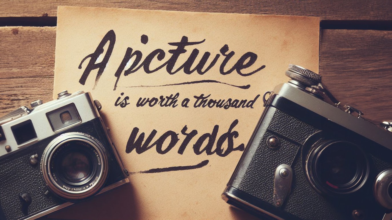 Fotografía de una cámara fotográfica antigua sobre un fondo de madera con una frase escrita en una hoja de papel: “Una imagen vale más que mil palabras”, generada por IA.