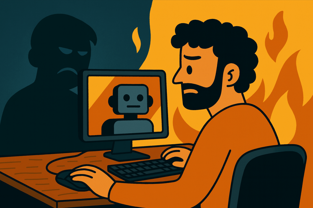 Ilustración digital en estilo plano: un hombre con barba trabaja en un ordenador donde aparece un robot en pantalla. Detrás de él arden llamas y su sombra proyecta un rostro serio y sombrío, simbolizando el conflicto entre humano e inteligencia artificial.