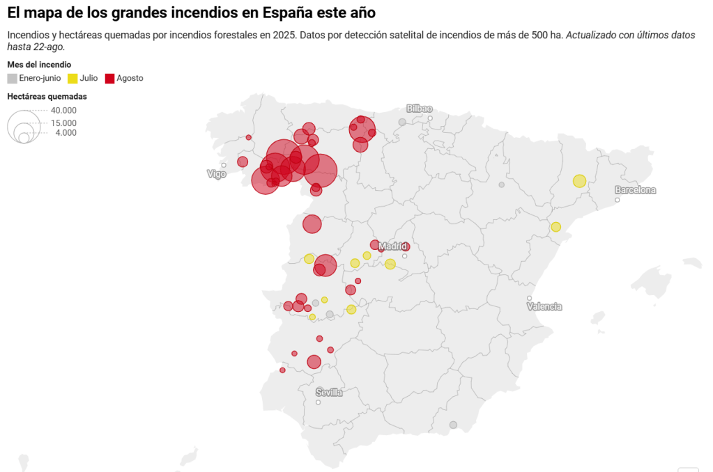 Mapa de los grandes incendios en España en 2025, hasta agosto.