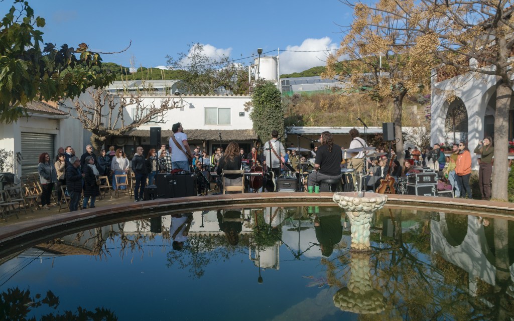 Concierto al aire libre con músicos y público reflejados en el agua, en un entorno cotidiano.